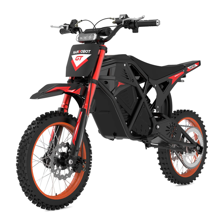 Moto da cross elettrica NANROBOT GTR vista di tre quarti in colore arancione