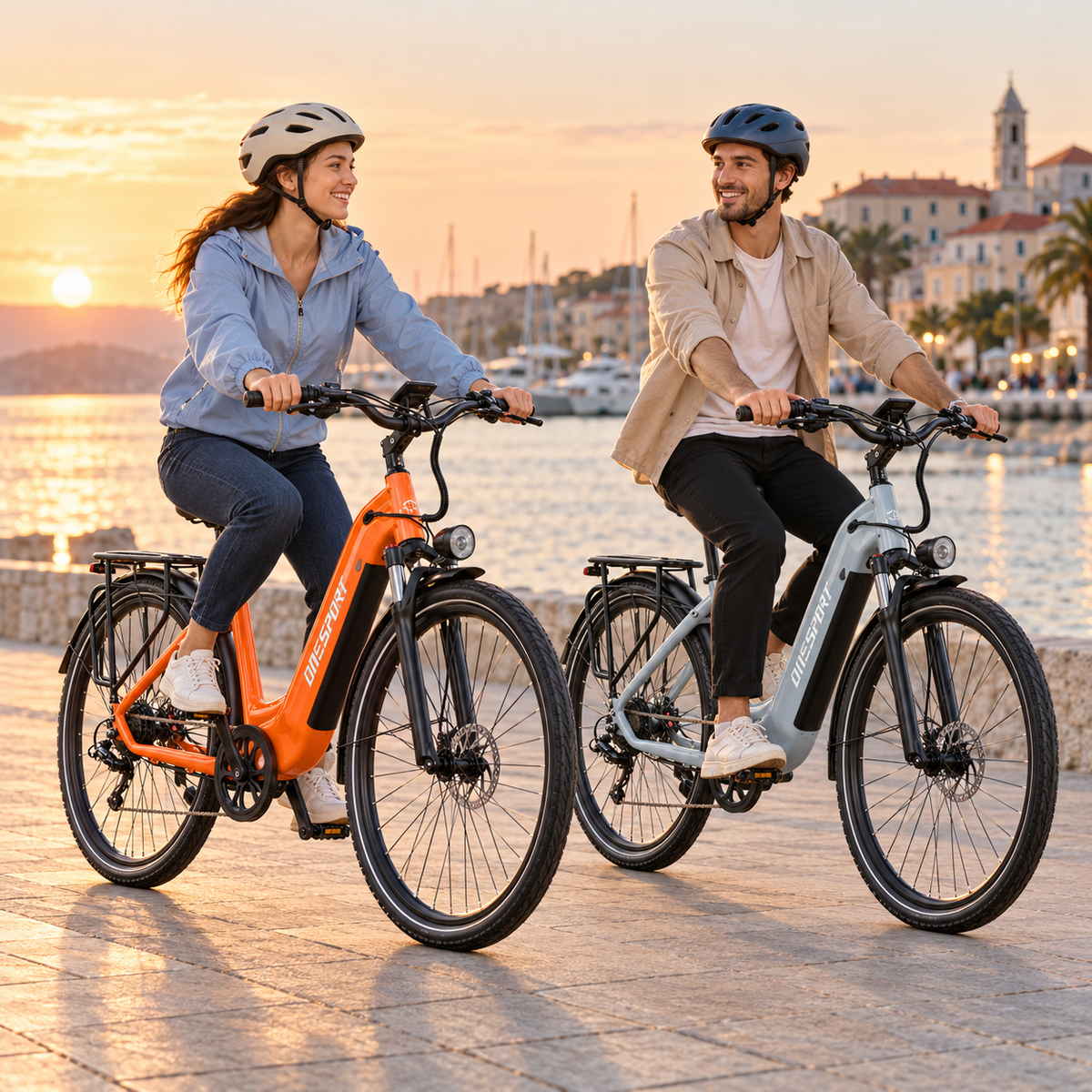 Due persone in sella a una OneSport OT05 Max arancione e a una grigio chiaro su una banchina al tramonto