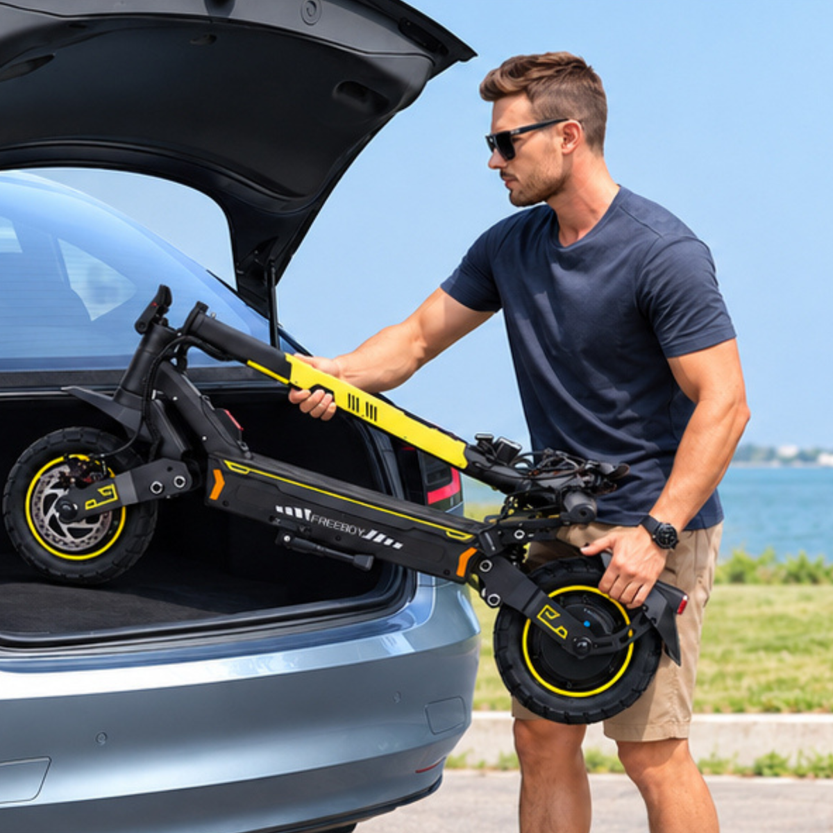 Uomo con occhiali da sole solleva un monopattino elettrico nero e giallo ripiegato con la scritta FREEBOY presso il bagagliaio aperto di un'auto grigia