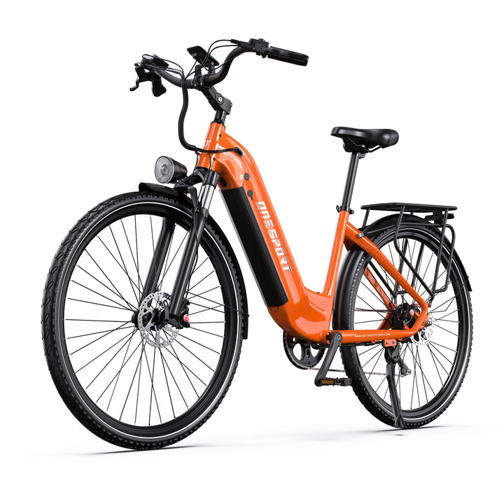 Bici elettrica OneSport OT05 Pro vista di tre quarti dal lato opposto in colore arancione