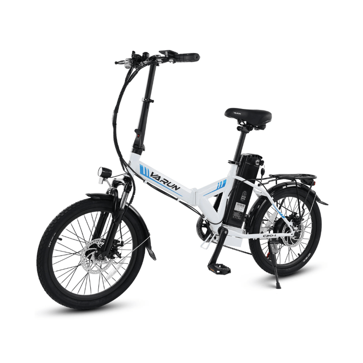 Bici elettrica pieghevole VARUN C20-1 Pro vista di tre quarti in colore bianco