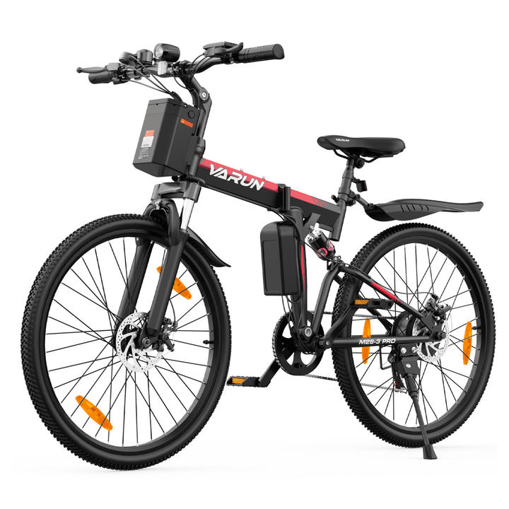 Mountain bike elettrica VARUN M26-3 Pro vista di tre quarti in colore nero