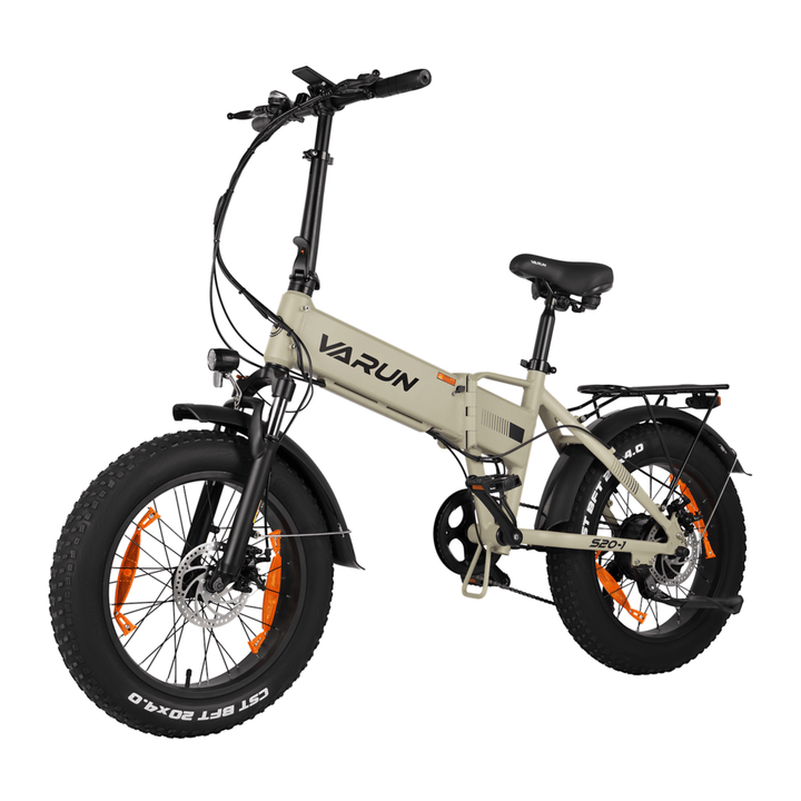 Fat bike elettrica pieghevole VARUN S20-1 vista di tre quarti in colore beige