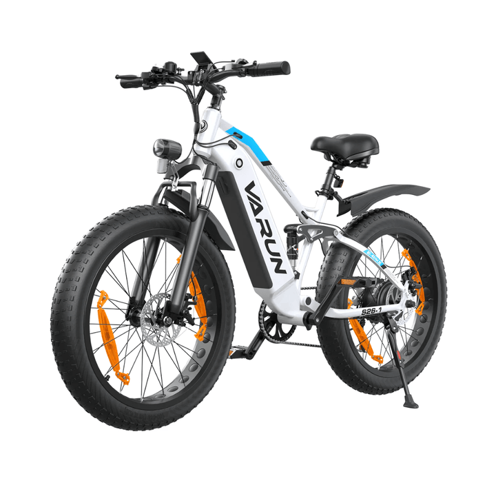 Fat bike elettrica VARUN S26-1 vista di tre quarti in colore bianco