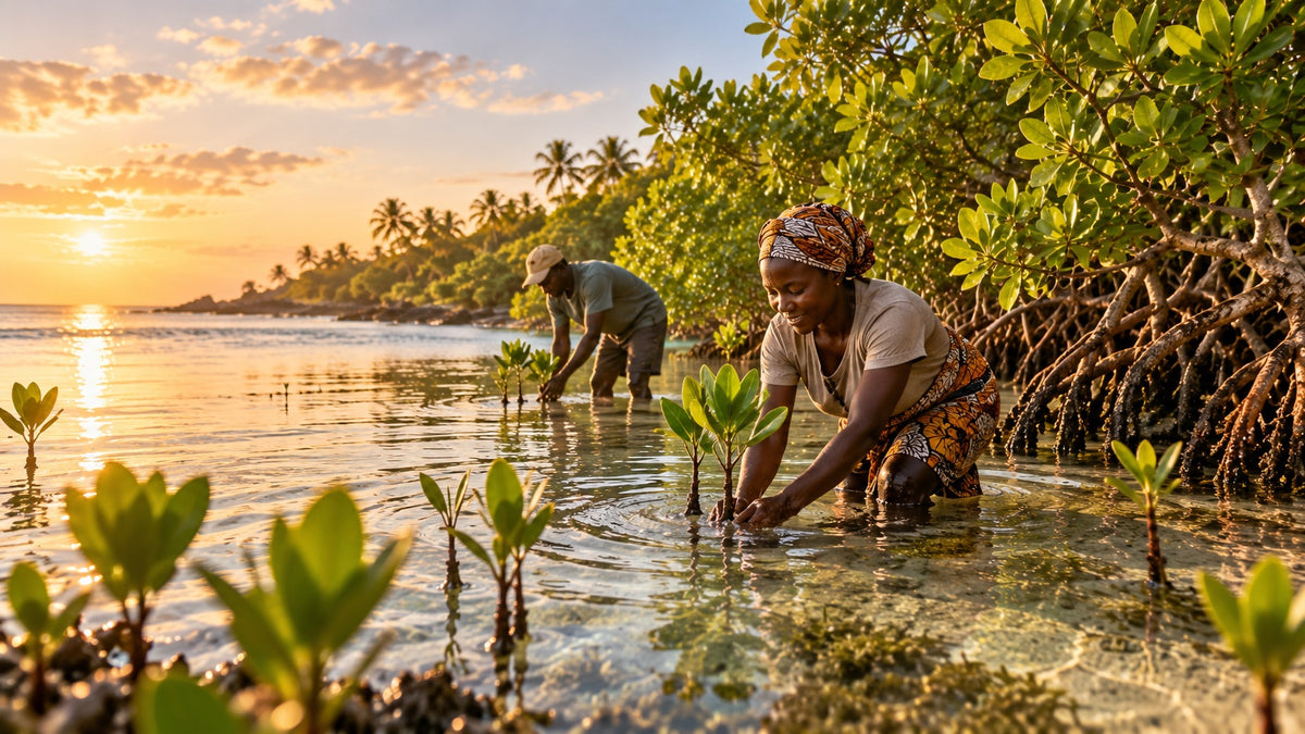 Piantatori locali che mettono a dimora piantine di mangrovia nell’acqua bassa sulla costa del Kenya al tramonto – un albero per ogni ordine Wheelyshop