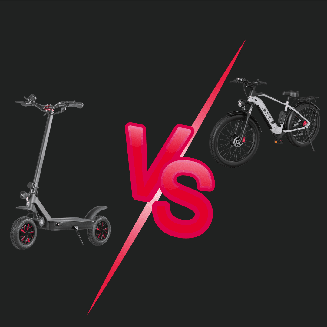 Monopattino elettrico e bici elettrica fat bike ai lati di una scritta VS rosa – monopattino o bici elettrica?