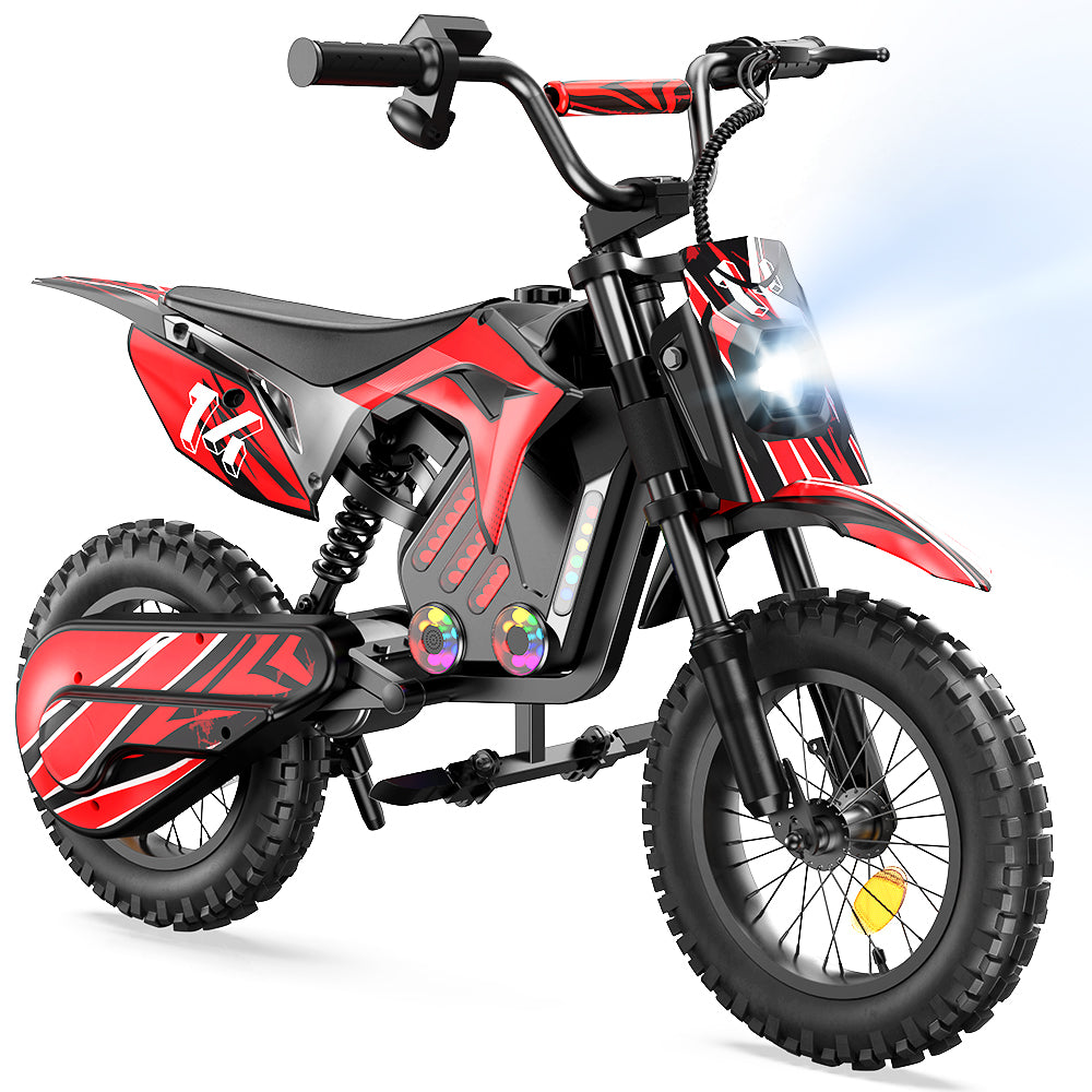 Moto da cross elettrica Wheely A14 vista di tre quarti in colore rosso