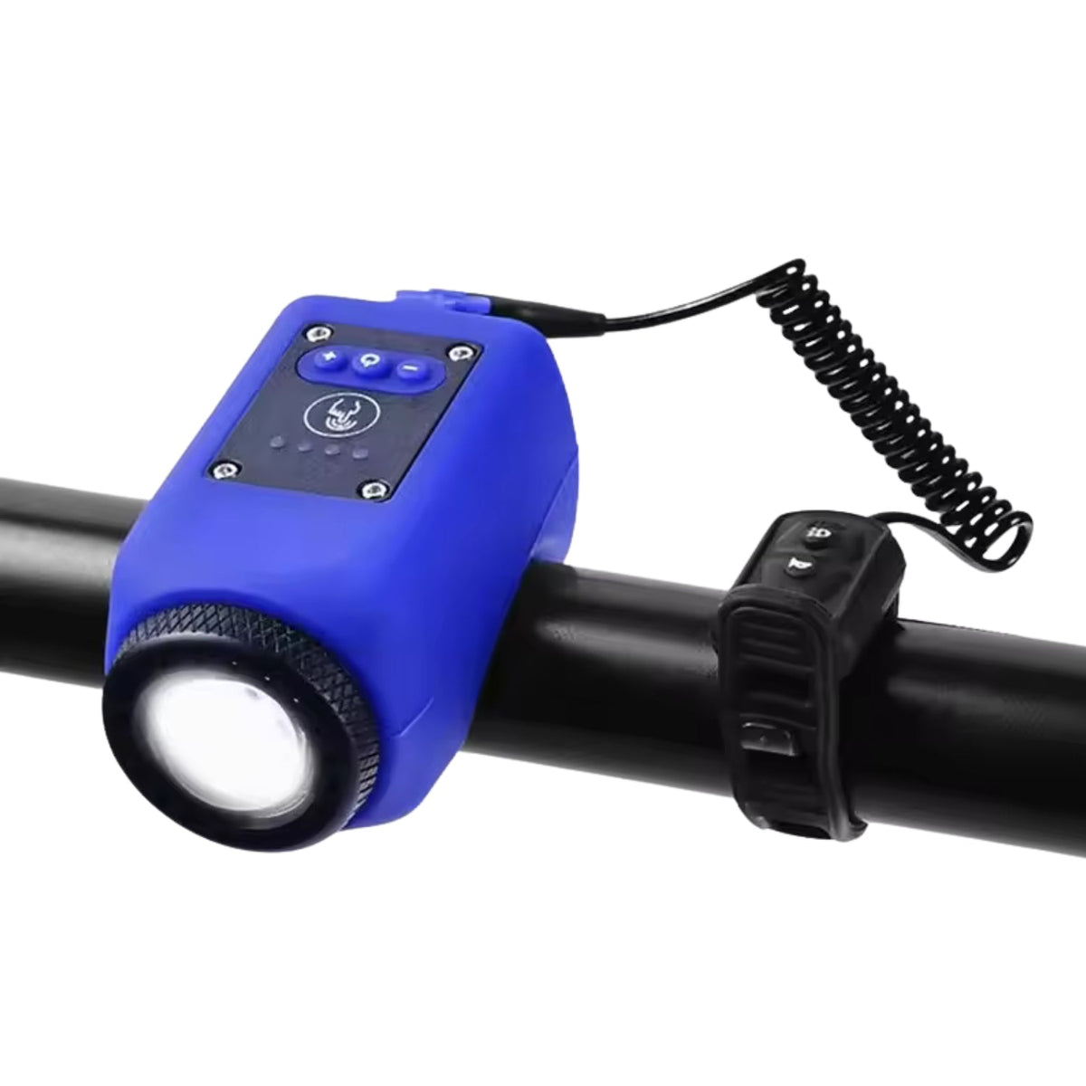 Clacson elettrico e faro 2-in-1 in blu sul monopattino elettrico, vista di sbieco