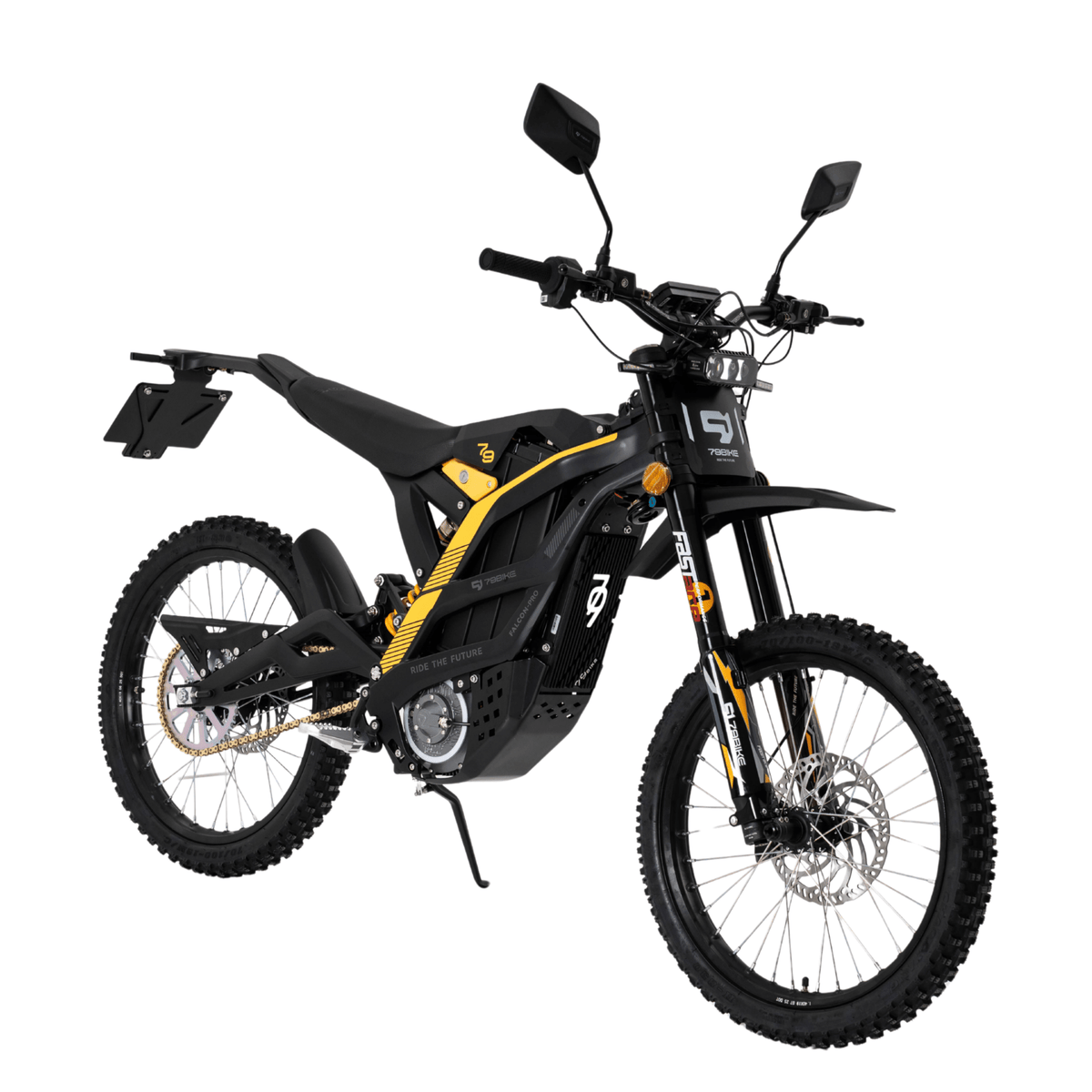 Moto da cross elettrica 79BIKE Falcon Pro RL vista di tre quarti in colore nero