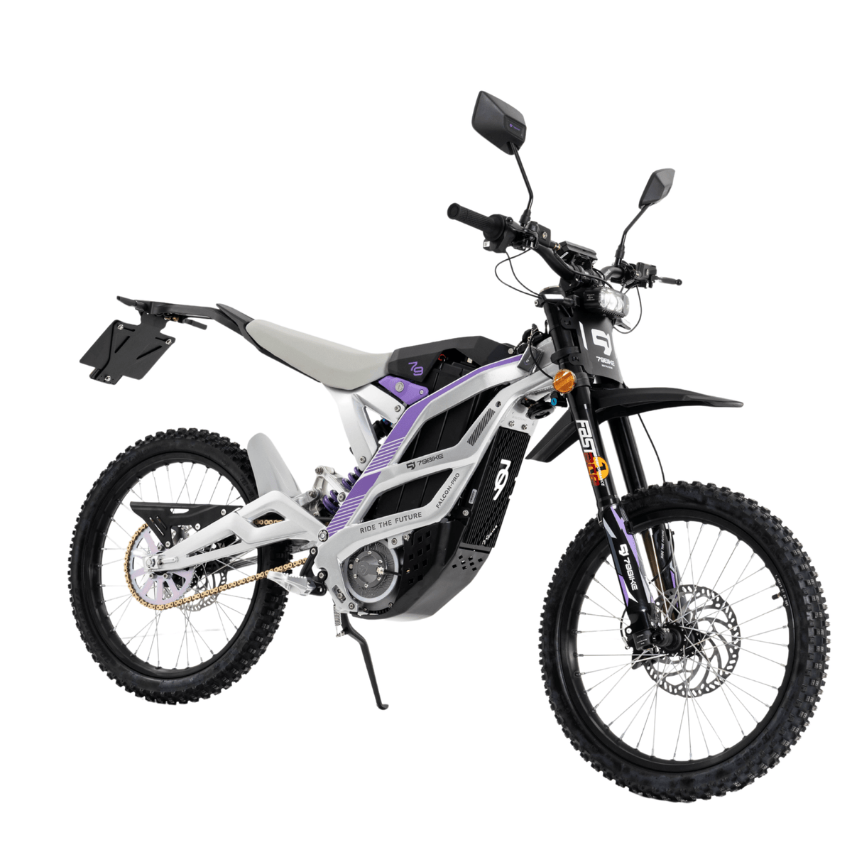 Moto da cross elettrica 79BIKE Falcon Pro RL vista di tre quarti in colore bianco