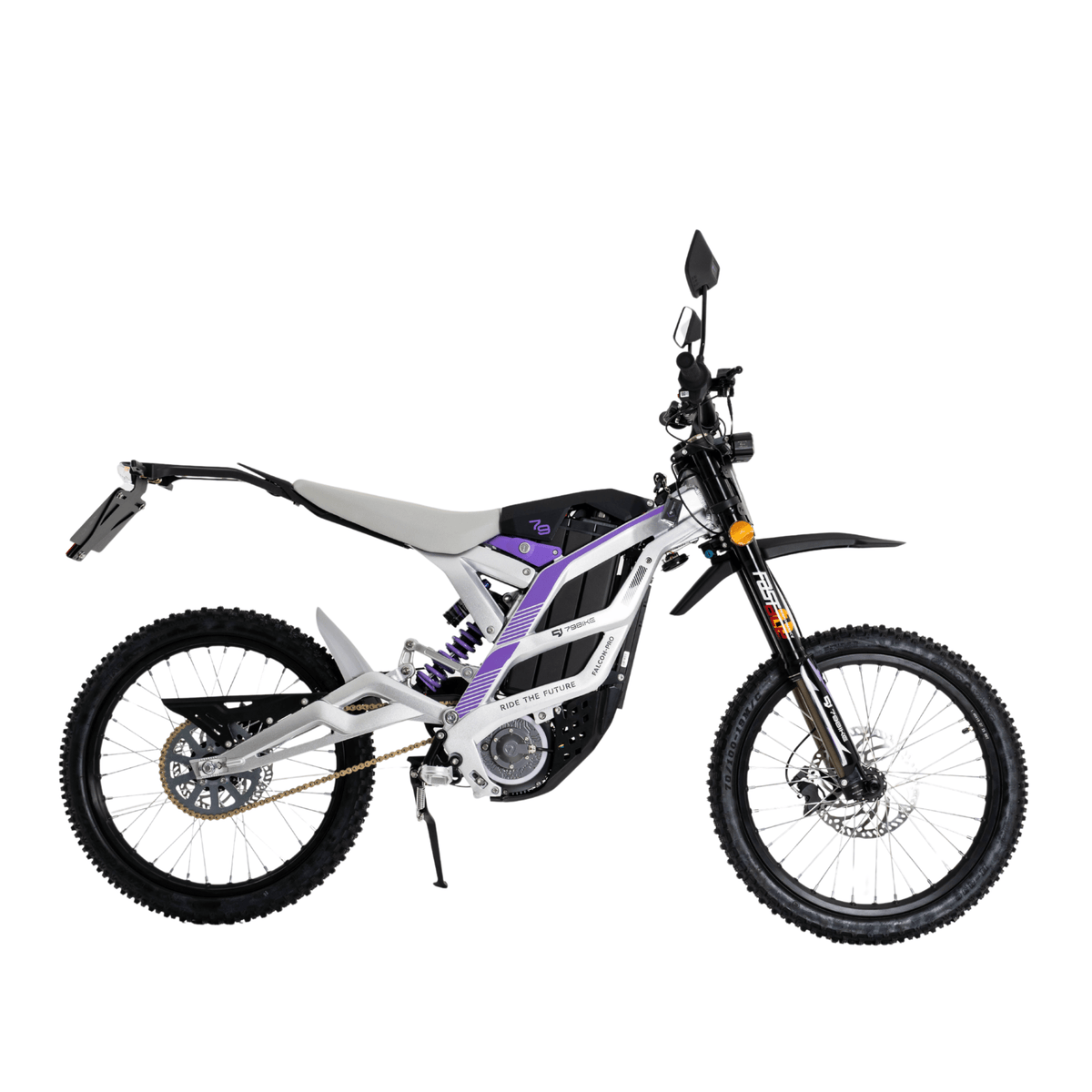 Moto da cross elettrica 79BIKE Falcon Pro RL vista di lato in colore bianco