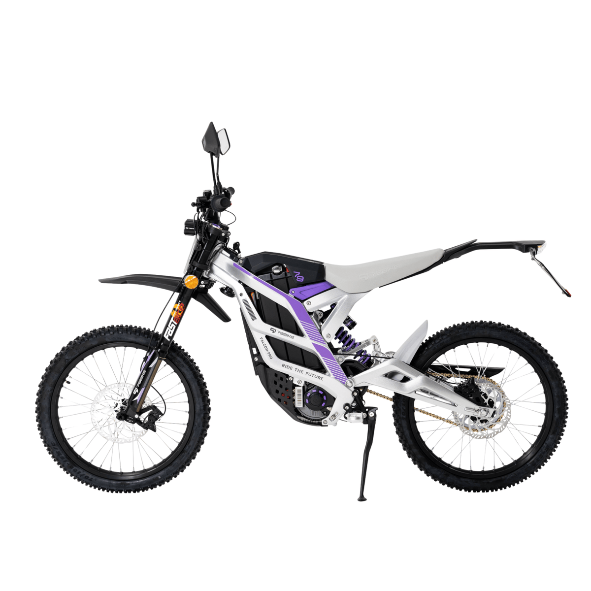 Moto da cross elettrica 79BIKE Falcon Pro RL vista di lato in colore bianco