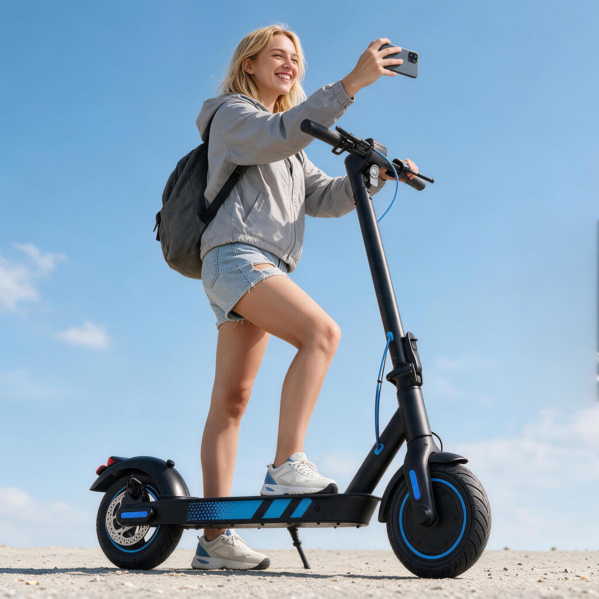 Donna alla guida del monopattino elettrico Wheely J04
