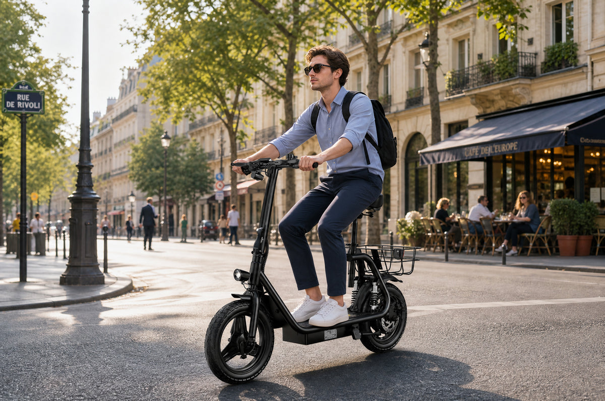 Uomo alla guida del monopattino elettrico APEFOX C14 in città