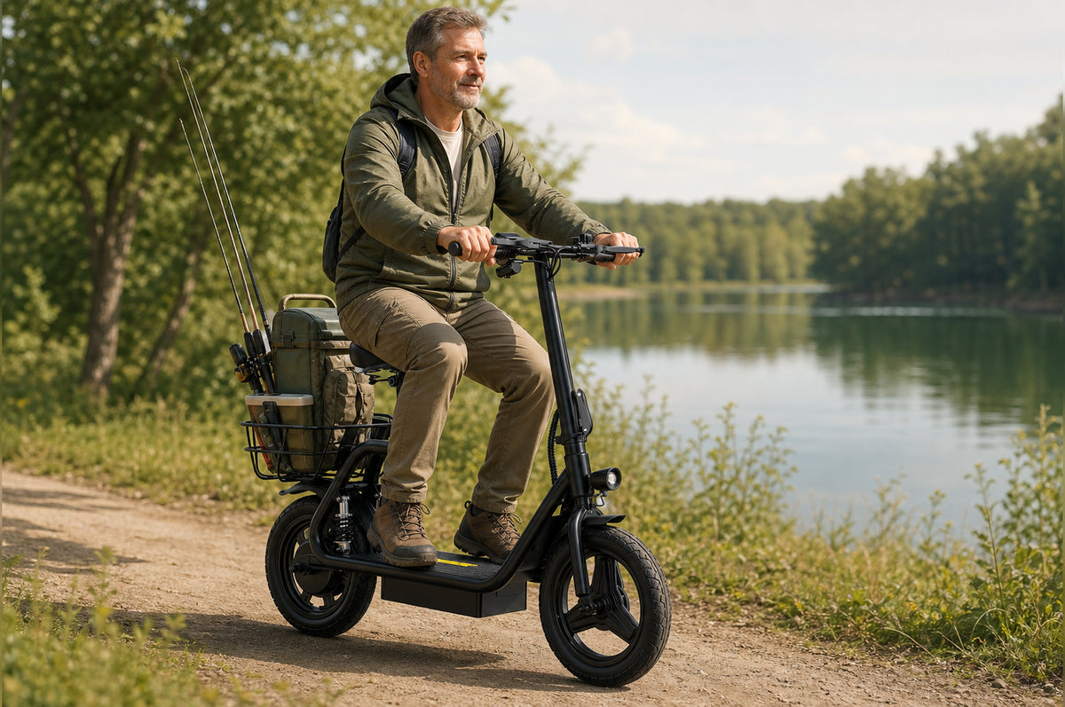 Uomo alla guida del monopattino elettrico APEFOX C14 in riva a un lago