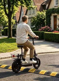 Uomo alla guida del monopattino elettrico APEFOX C14 su strada