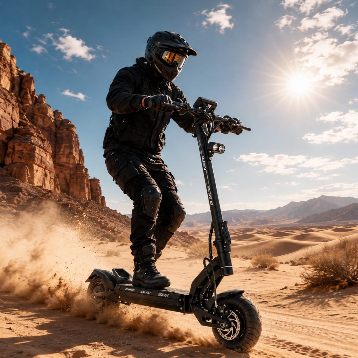 Pilota con il monopattino elettrico BOYUEDA G6 in fuoristrada nel deserto