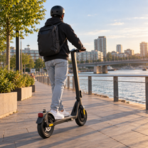 Uomo alla guida del monopattino elettrico HX D01 in città