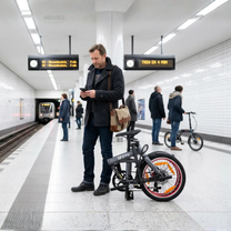 Uomo in piedi con la bici elettrica pieghevole DYU SP1 in città al chiuso