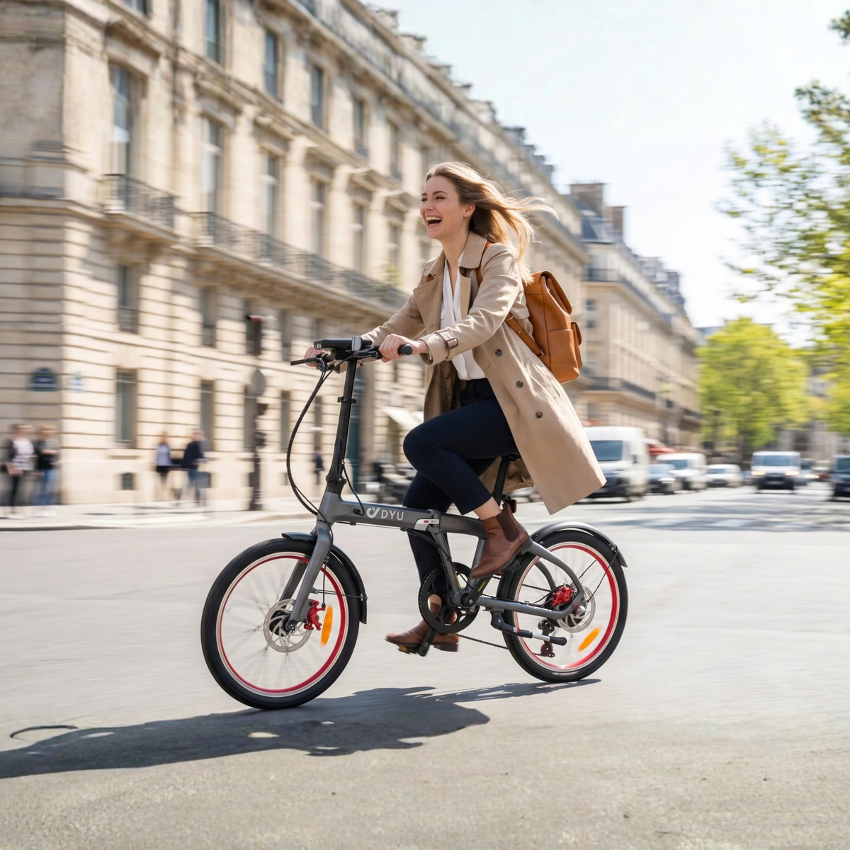 Donna alla guida della bici elettrica pieghevole DYU SP1 in città