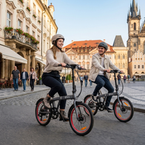 Due persone con la bici elettrica pieghevole DYU SP1 in città