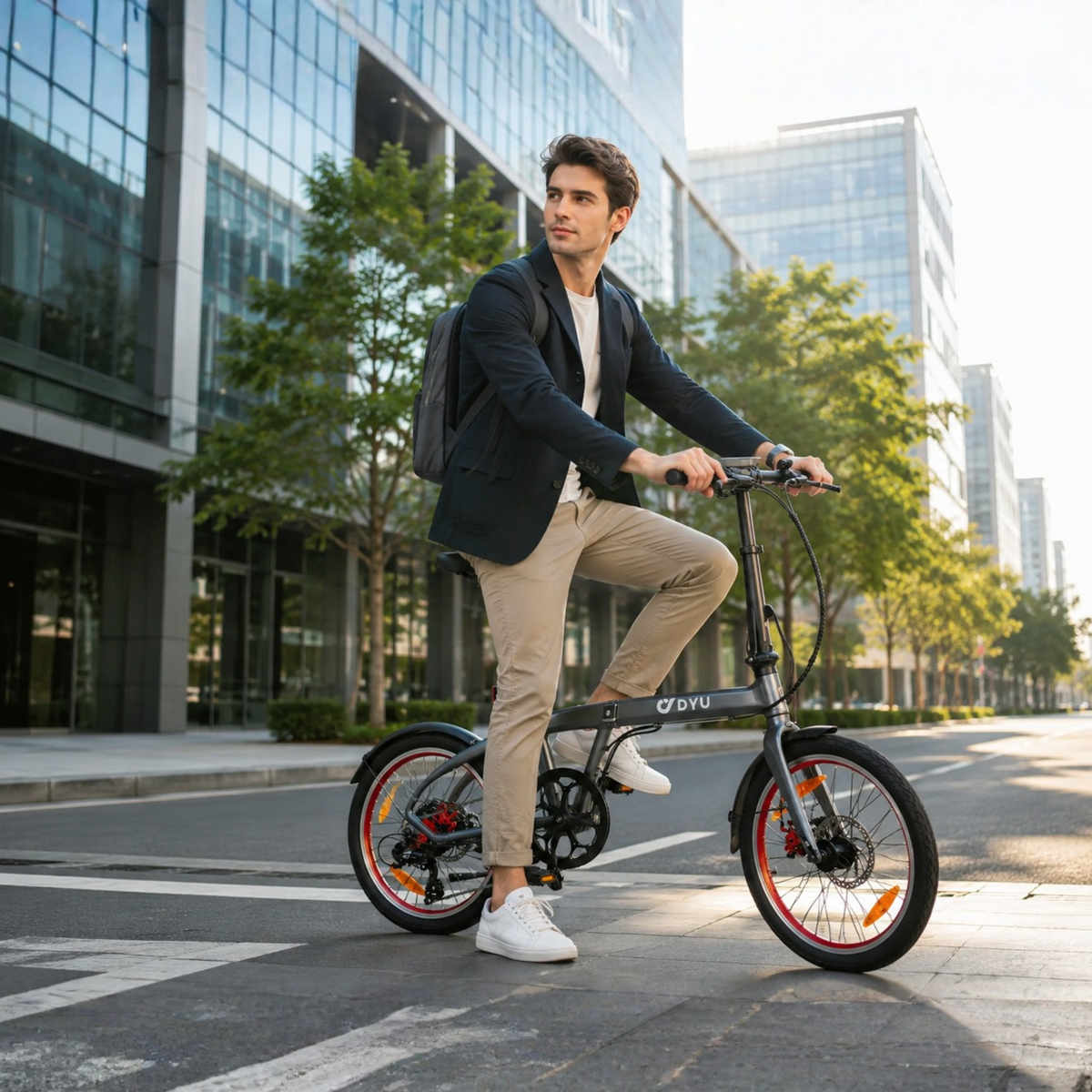 Uomo in piedi con la bici elettrica pieghevole DYU SP1 in città