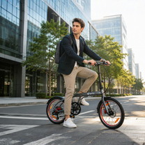 Uomo in piedi con la bici elettrica pieghevole DYU SP1 in città