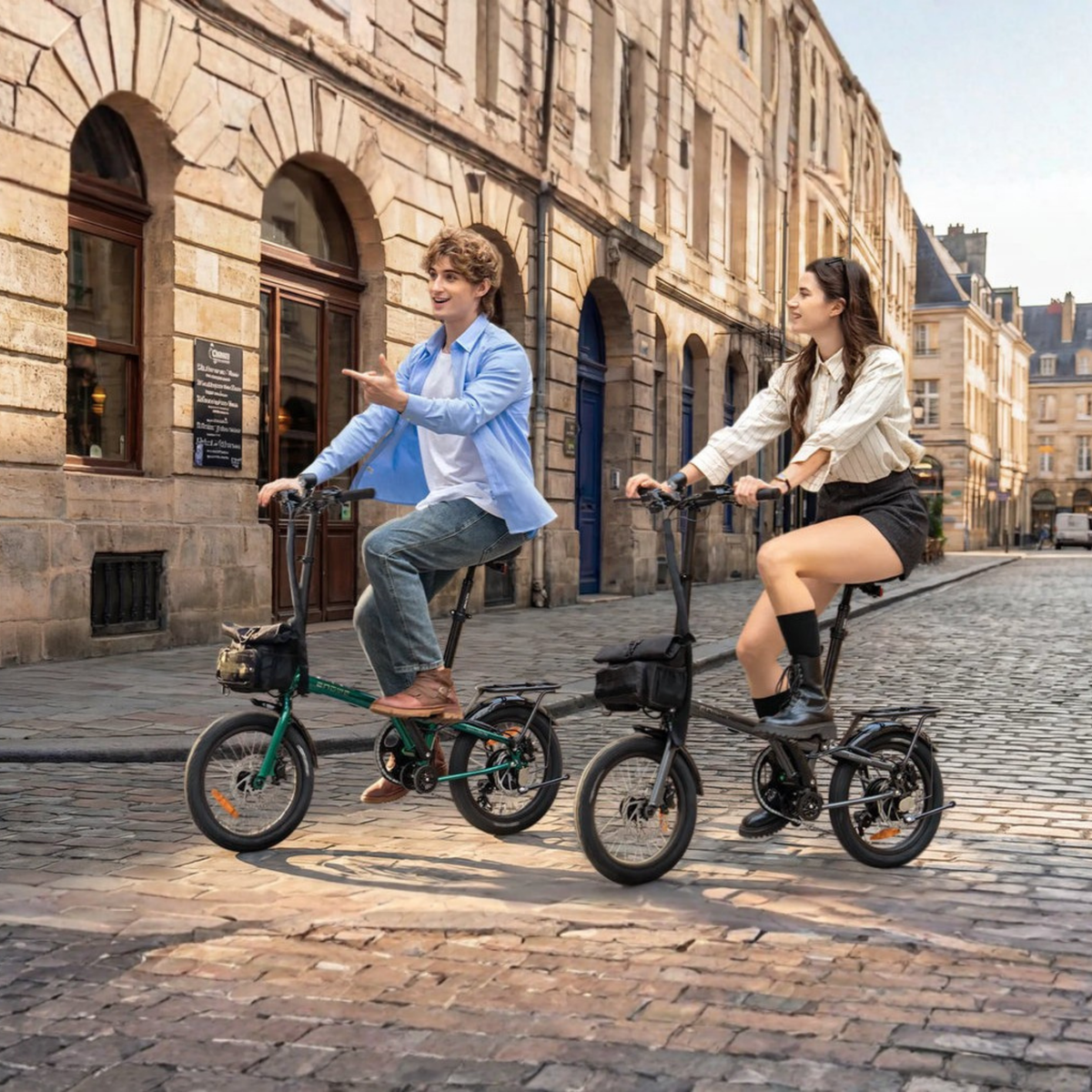 Due persone con la bici elettrica pieghevole ENGWE ZIP in città
