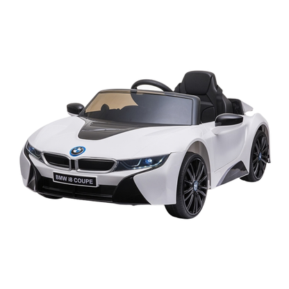 Auto elettrica per bambini BMW i8 Coupé vista di tre quarti in colore bianco