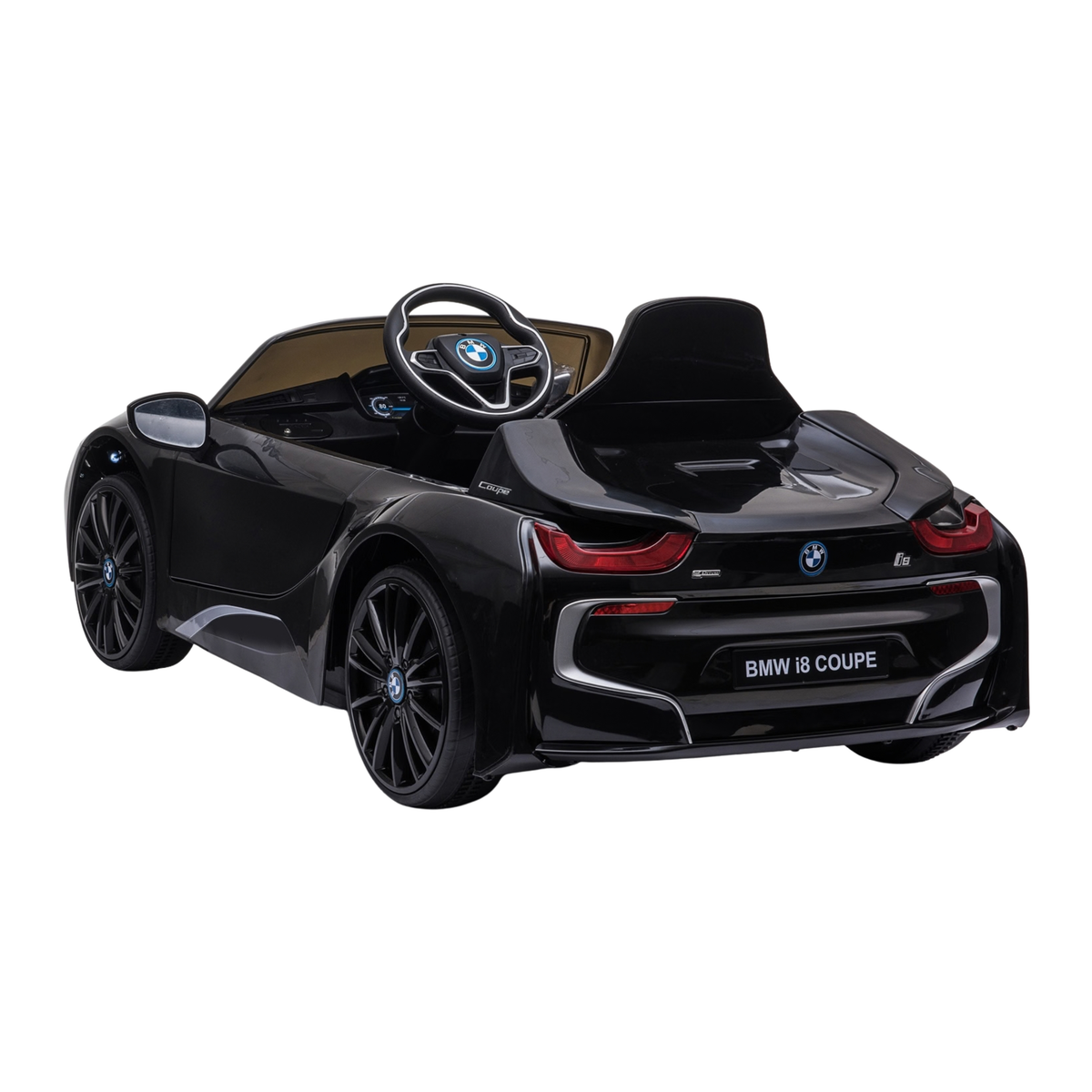 Auto elettrica per bambini BMW i8 Coupé vista di tre quarti da dietro in colore nero