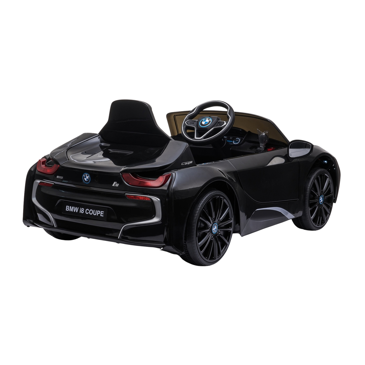 Auto elettrica per bambini BMW i8 Coupé vista di tre quarti da dietro in colore nero, da un'altra angolazione