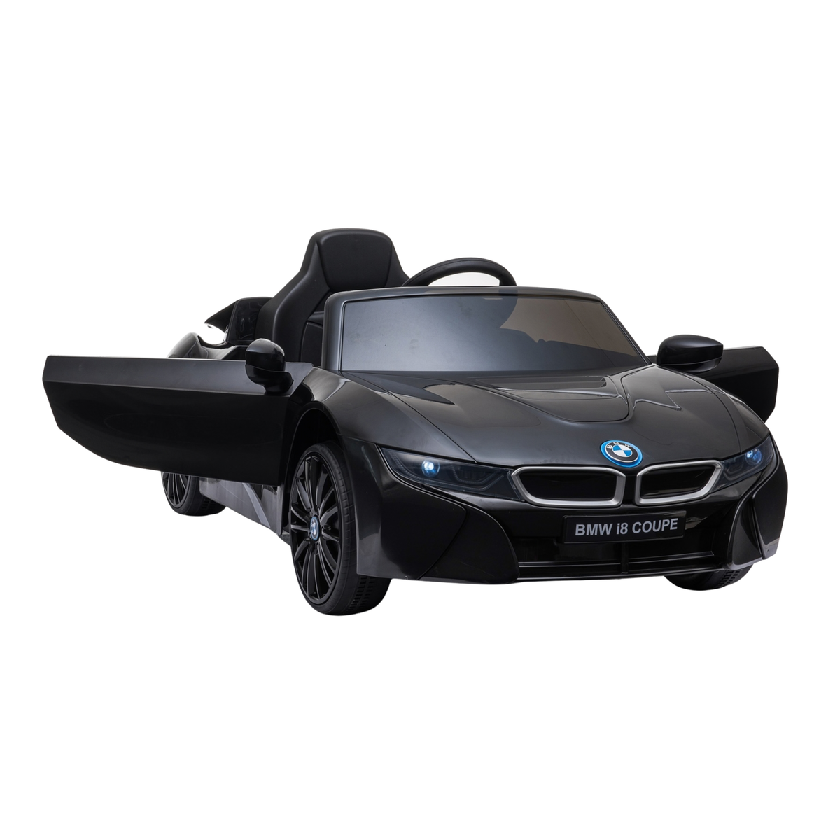 Auto elettrica per bambini BMW i8 Coupé con le portiere aperte in colore nero, da un'altra angolazione