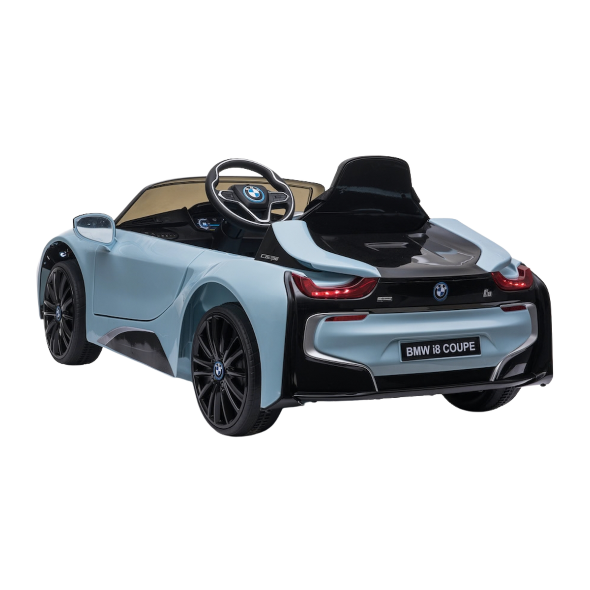 Auto elettrica per bambini BMW i8 Coupé vista di tre quarti da dietro in colore blu
