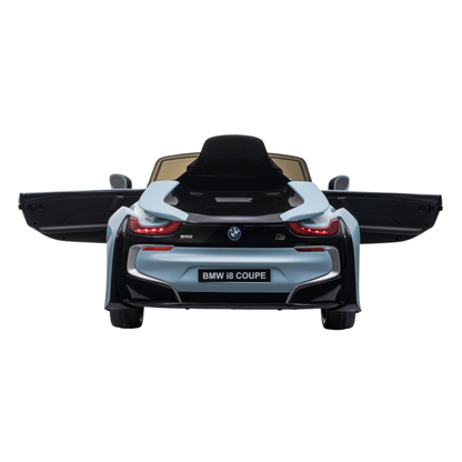 Auto elettrica per bambini BMW i8 Coupé con le portiere aperte in colore blu
