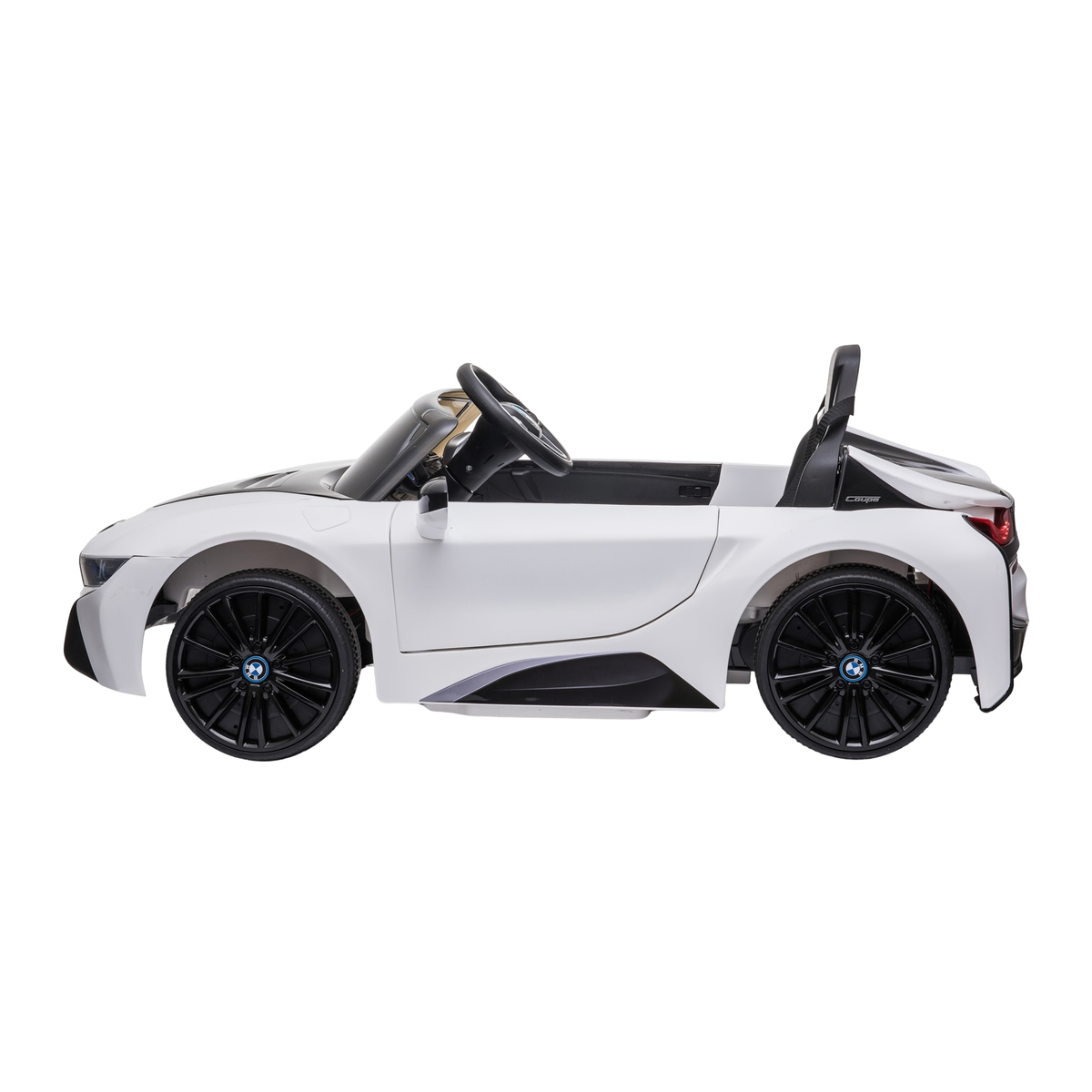 Auto elettrica per bambini BMW i8 Coupé vista di lato in colore bianco