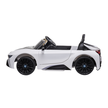 Auto elettrica per bambini BMW i8 Coupé vista di lato in colore bianco