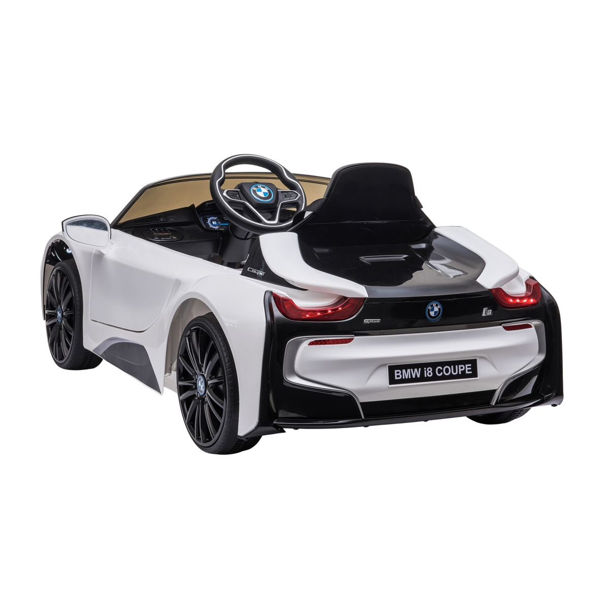 Auto elettrica per bambini BMW i8 Coupé vista di tre quarti da dietro in colore bianco