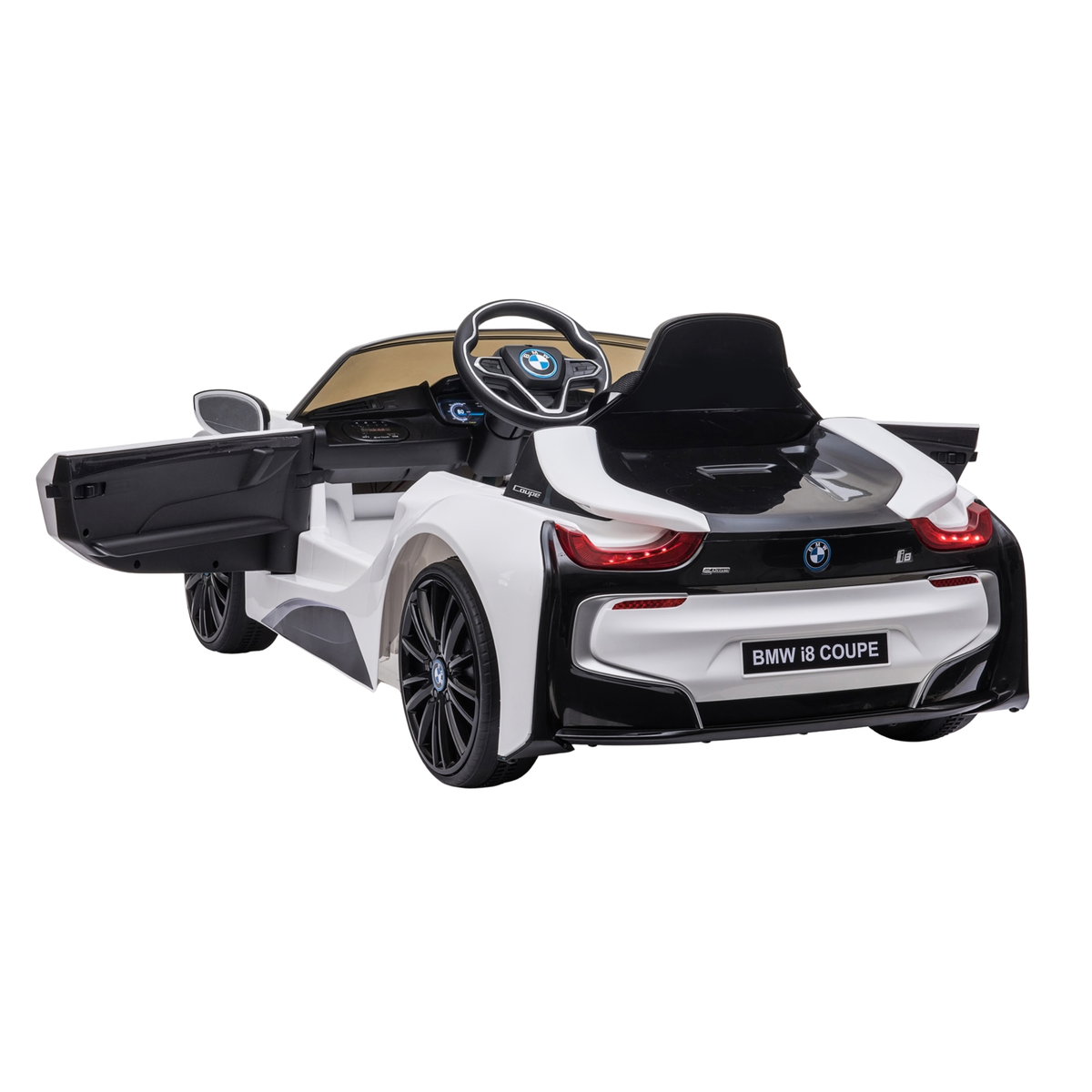 Auto elettrica per bambini BMW i8 Coupé con le portiere aperte in colore bianco