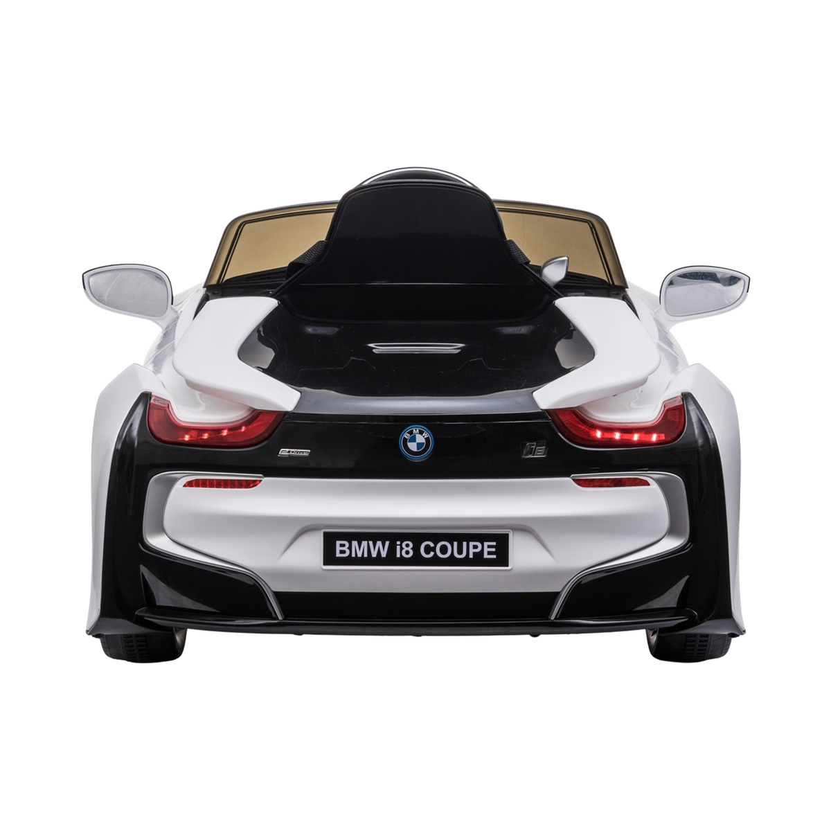 Auto elettrica per bambini BMW i8 Coupé vista da dietro in colore bianco