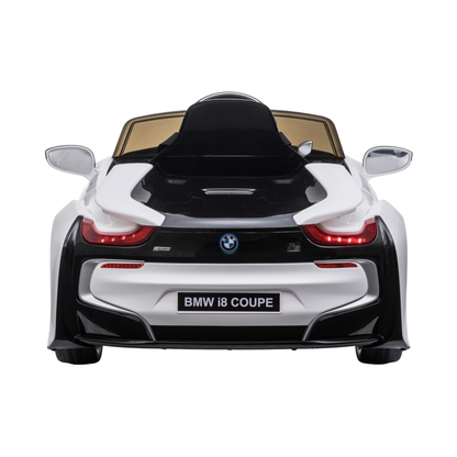 Auto elettrica per bambini BMW i8 Coupé vista da dietro in colore bianco