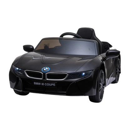 Auto elettrica per bambini BMW i8 Coupé vista di tre quarti in colore nero