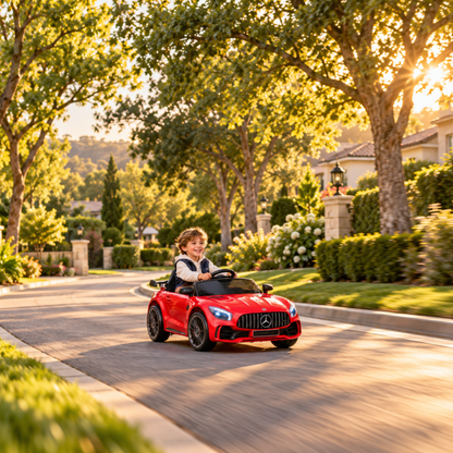 Bambino alla guida dell'auto elettrica per bambini Mercedes AMG GT in un parco