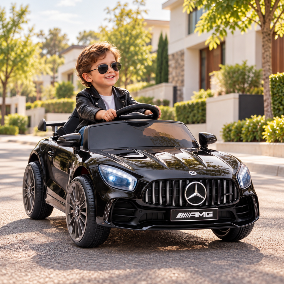 Bambino alla guida dell'auto elettrica per bambini Mercedes AMG GT