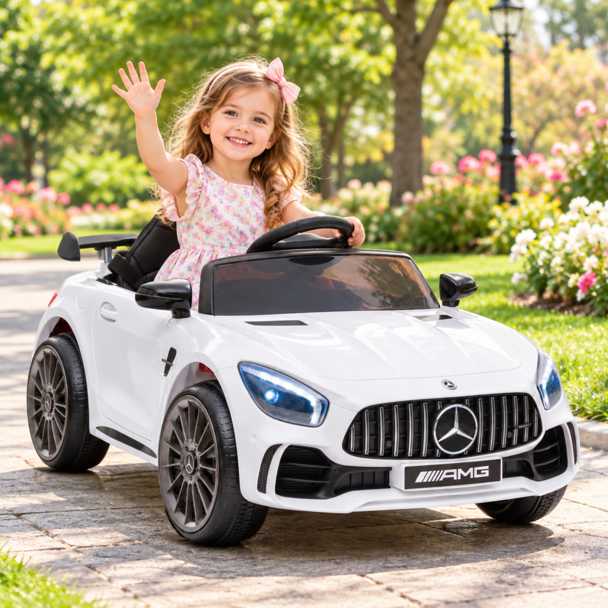 Bambino alla guida dell'auto elettrica per bambini Mercedes AMG GT in colore bianco in un parco