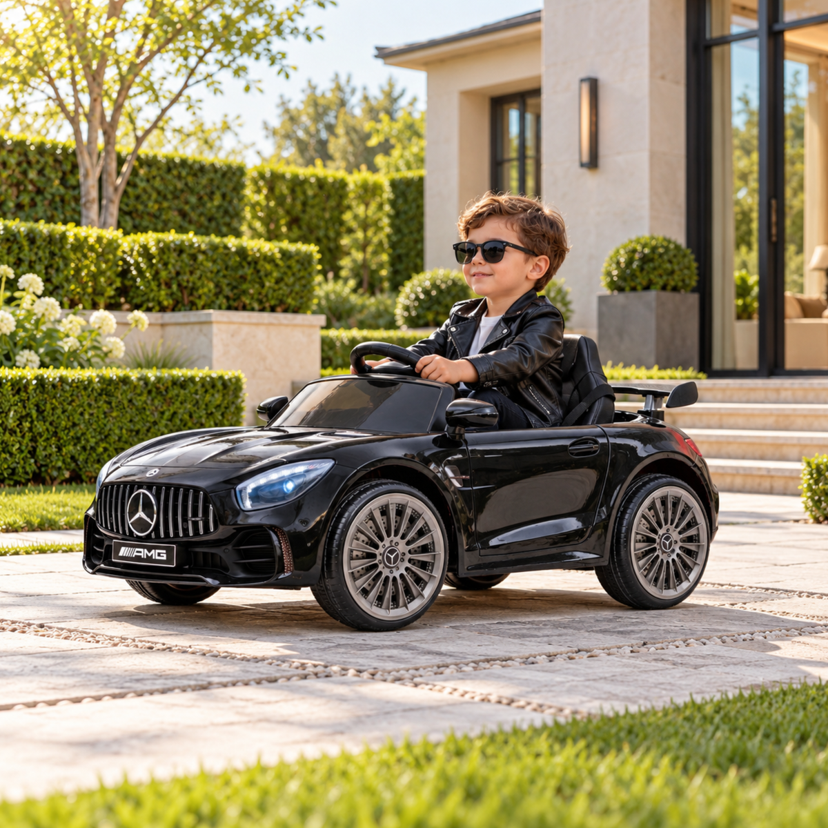 Bambino alla guida dell'auto elettrica per bambini Mercedes AMG GT