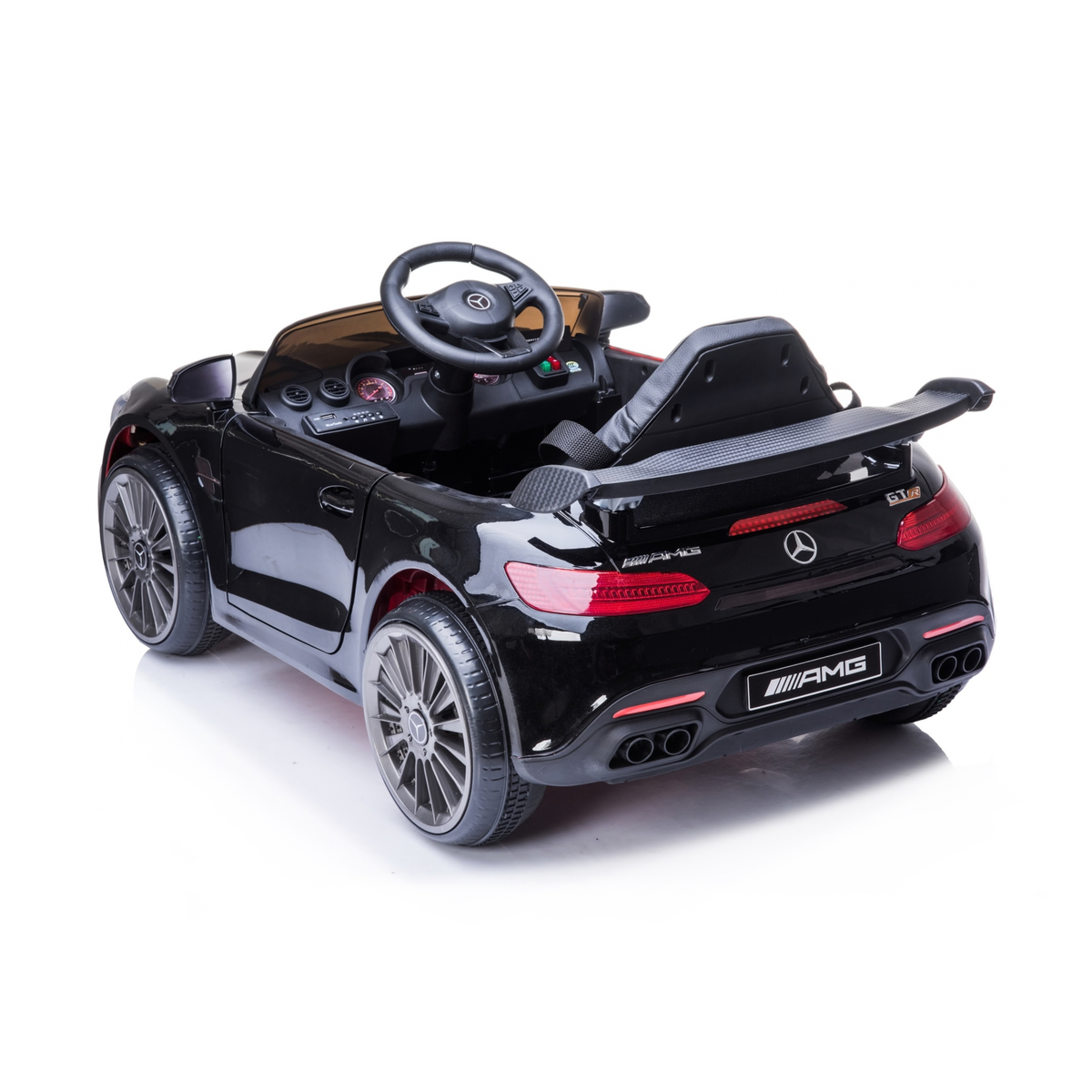 Auto elettrica per bambini Mercedes AMG GT vista di tre quarti da dietro in colore nero