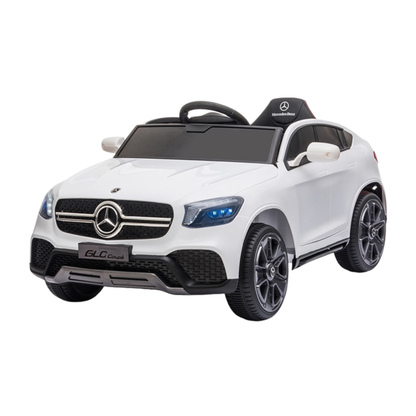 Auto elettrica per bambini Mercedes GLC Coupé vista di tre quarti in colore bianco