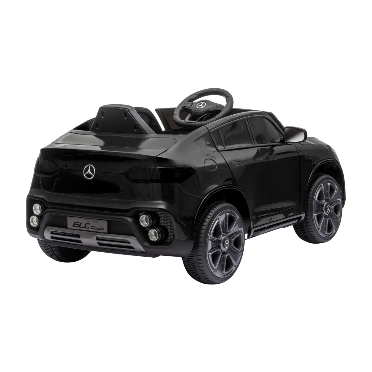 Auto elettrica per bambini Mercedes GLC Coupé vista di tre quarti da dietro in colore nero