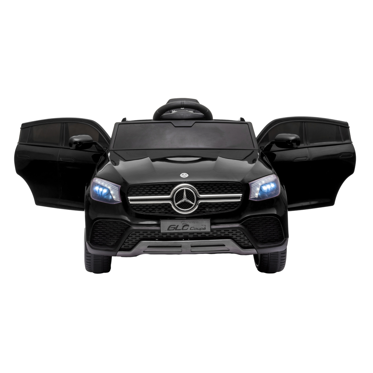 Auto elettrica per bambini Mercedes GLC Coupé con le portiere aperte in colore nero