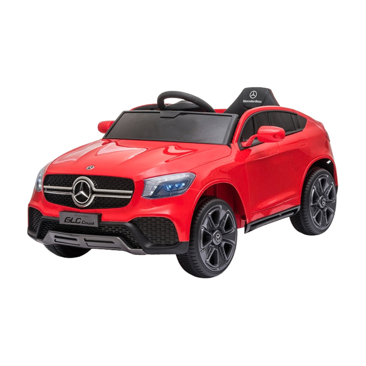 Auto elettrica per bambini Mercedes GLC Coupé vista di tre quarti in colore rosso